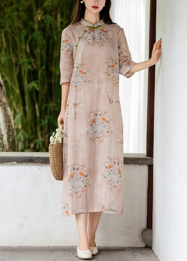 Pink Side Open Print Linen Long Dresses Stand Collar Summer Cg1006