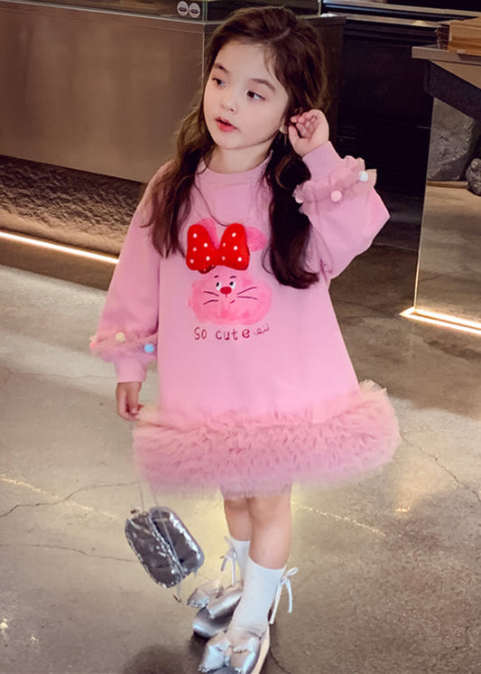 Pink Tulle Patchwork Tulle Kids Long Dresses Spring Tg011
