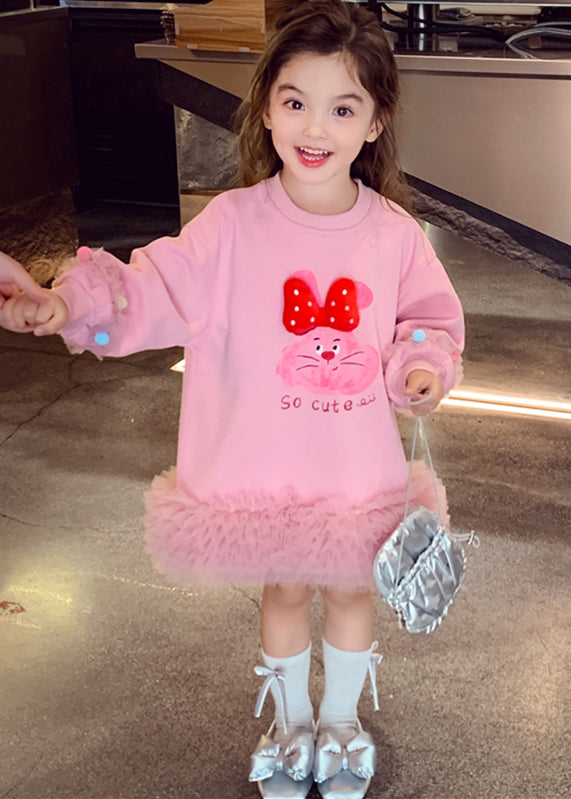 Pink Tulle Patchwork Tulle Kids Long Dresses Spring Tg011