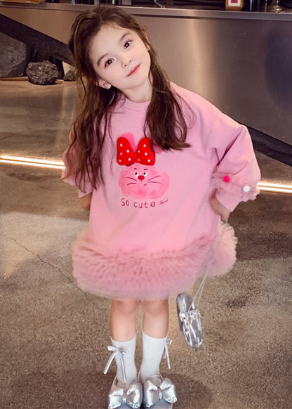 Pink Tulle Patchwork Tulle Kids Long Dresses Spring Tg011