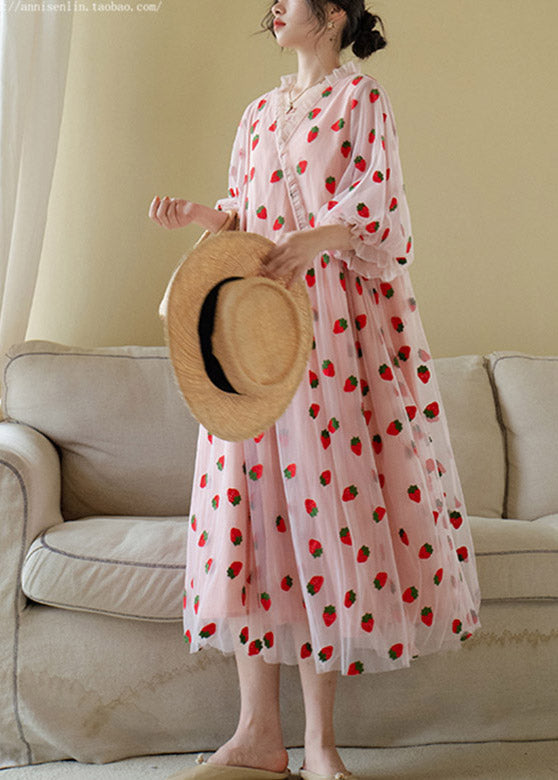Pink V Neck Print Tulle Long Dress Short Sleeve Ti1009