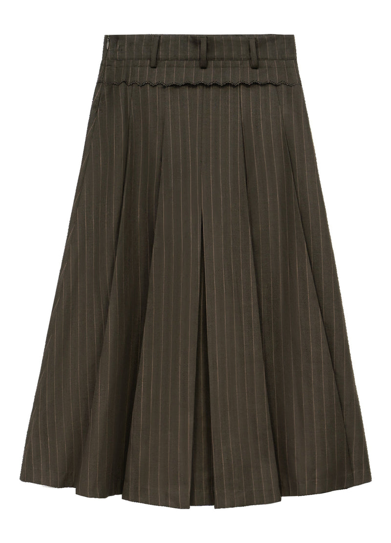 Dark Brown Pinstriped Pleated Midi Skirt