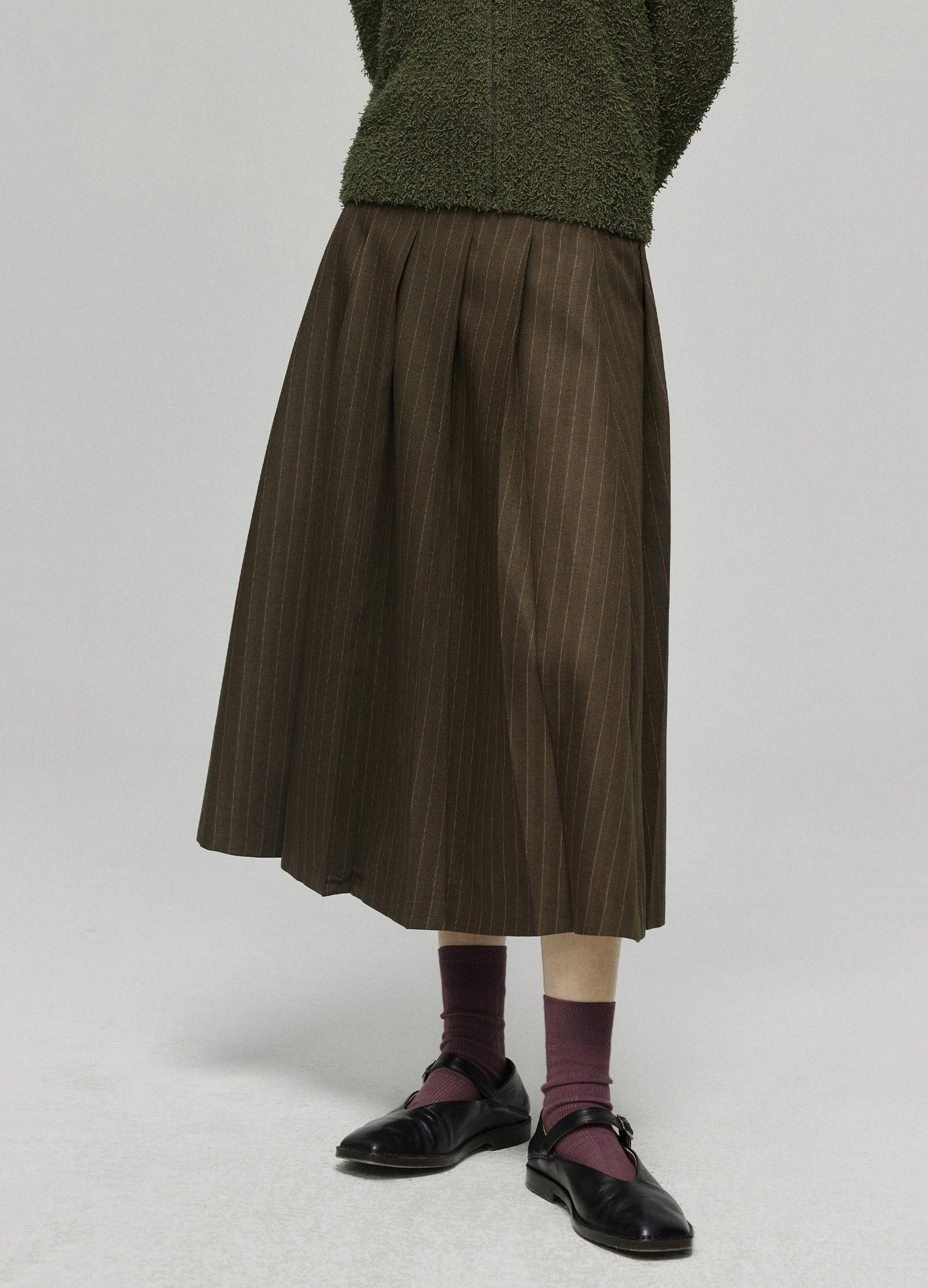 Dark Brown Pinstriped Pleated Midi Skirt
