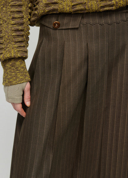 Dark Brown Pinstriped Pleated Midi Skirt
