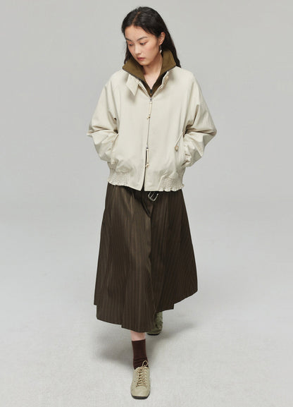 Dark Brown Pinstriped Pleated Midi Skirt