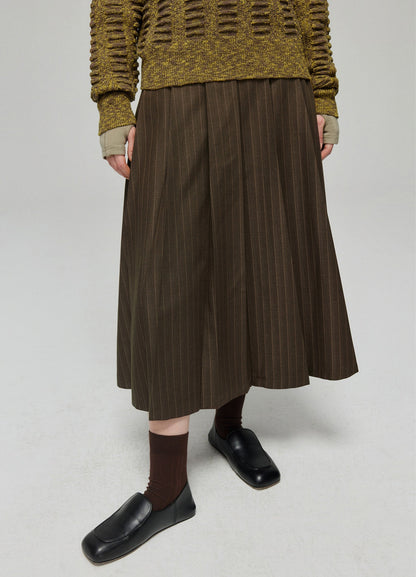 Dark Brown Pinstriped Pleated Midi Skirt