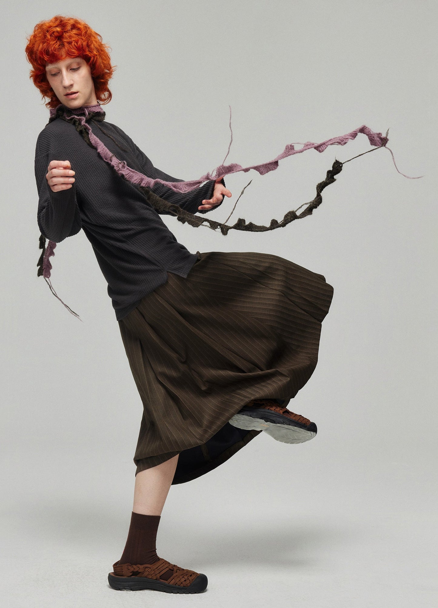 Dark Brown Pinstriped Pleated Midi Skirt