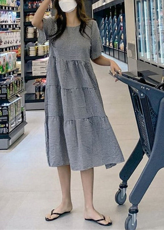 Plaid Knotted Ruffle Round Neck Short Sleeve Maxi Dress Lc0015