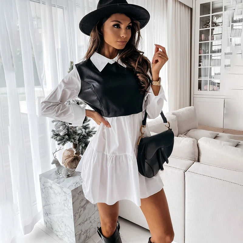 Plaid Shirt Vestidos Long Sleeve White Short Dress for Summer Pu Leather Patchwork Sweet Office Mini Dresses