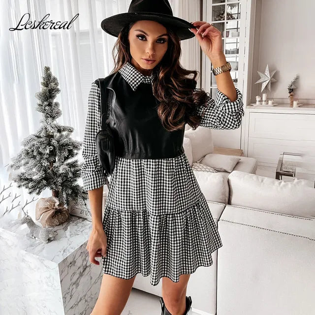 Plaid Shirt Vestidos Long Sleeve White Short Dress for Summer Pu Leather Patchwork Sweet Office Mini Dresses