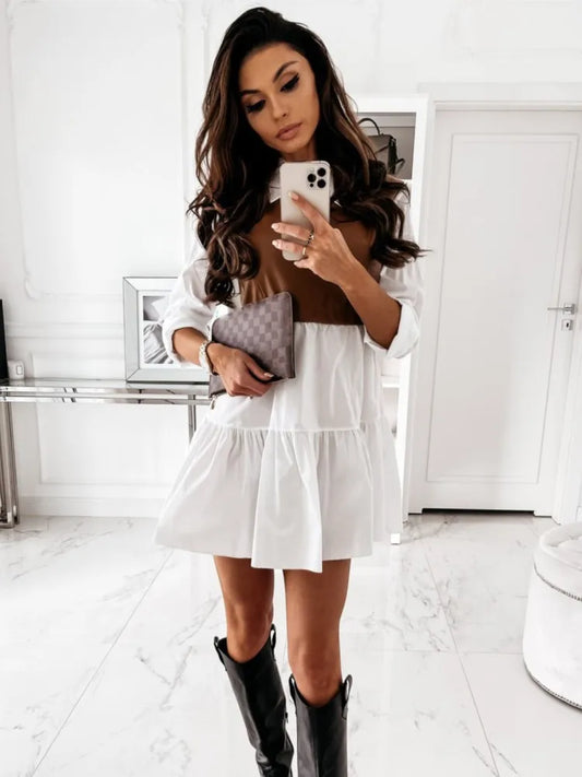 Plaid Shirt Vestidos Long Sleeve White Short Dress for Summer Pu Leather Patchwork Sweet Office Mini Dresses