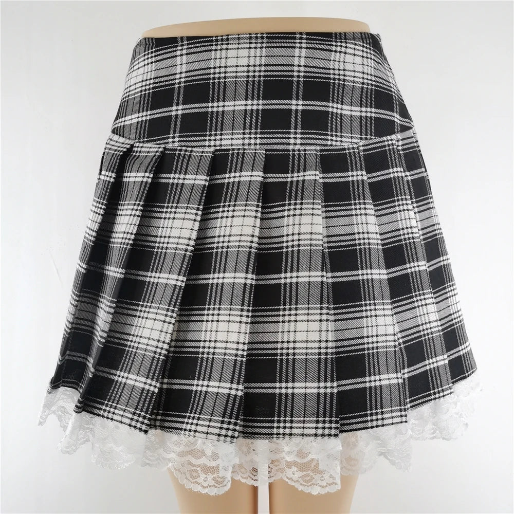 Plaid New Contrast Lace Pleated Skater Clothes Harajuku Gothic England Style Y2k Skirt
