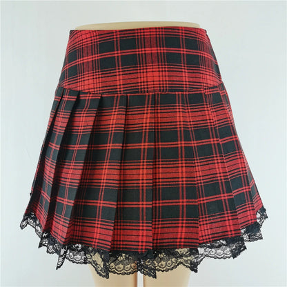Plaid New Contrast Lace Pleated Skater Clothes Harajuku Gothic England Style Y2k Skirt