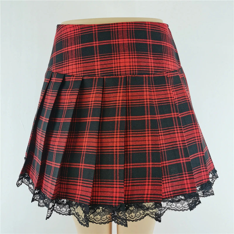 Plaid New Contrast Lace Pleated Skater Clothes Harajuku Gothic England Style Y2k Skirt