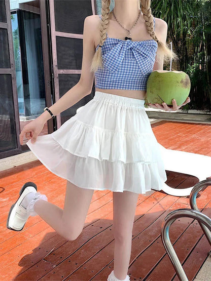 Dressbetty - Pleated A-line White Ruffles Sweet Elastic Waist Summer Skirt