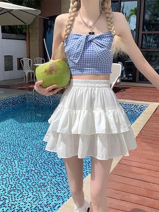 Dressbetty - Pleated A-line White Ruffles Sweet Elastic Waist Summer Skirt