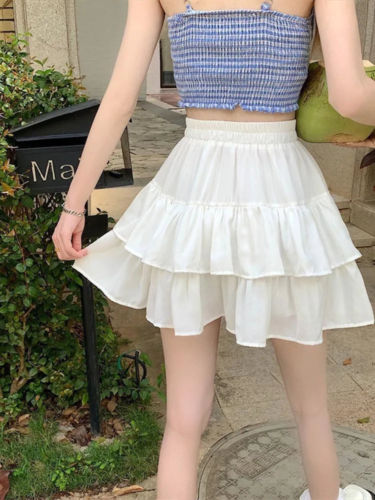 Dressbetty - Pleated A-line White Ruffles Sweet Elastic Waist Summer Skirt