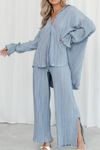 Pleated Blouse Slit Long Pants Set