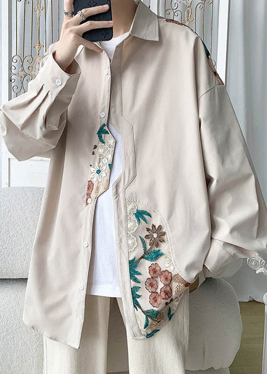 Beige Embroidered Button Cotton Neutral Coats Spring Qa1034