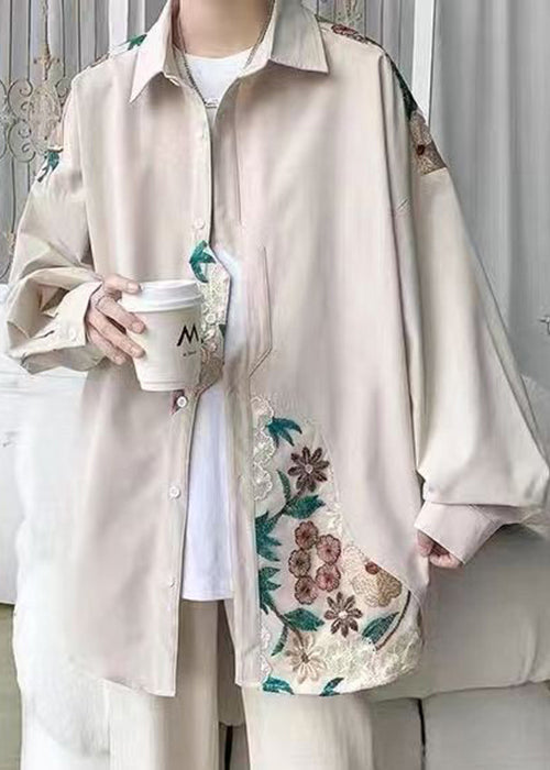 Beige Embroidered Button Cotton Neutral Coats Spring Qa1034