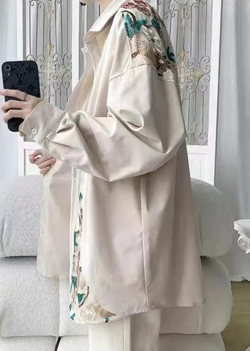 Beige Embroidered Button Cotton Neutral Coats Spring Qa1034