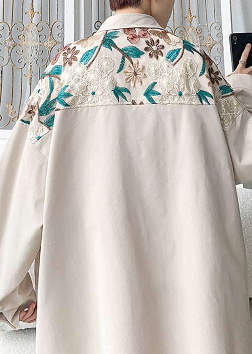 Beige Embroidered Button Cotton Neutral Coats Spring Qa1034