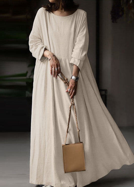 Beige O Neck Wrinkled Patchwork Cotton Maxi Dress Spring Lc0436