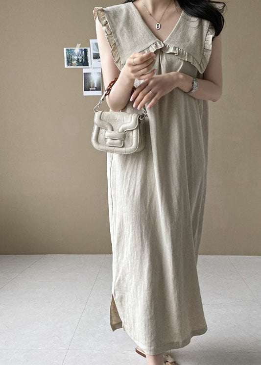 Beige Oversized Ruffled Side Open Linen Maxi Dress Sleeveless Ly1323