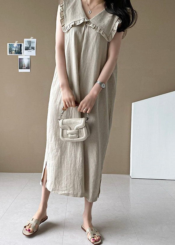 Beige Oversized Ruffled Side Open Linen Maxi Dress Sleeveless Ly1323