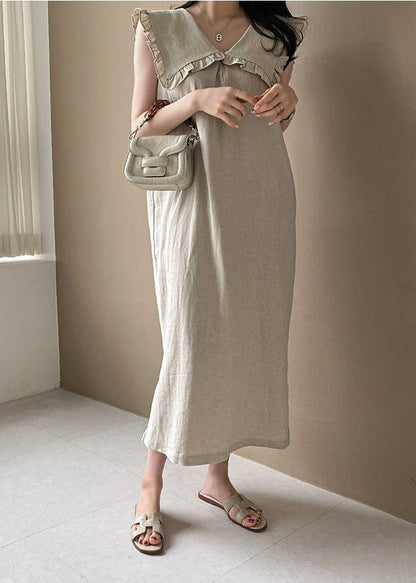 Beige Oversized Ruffled Side Open Linen Maxi Dress Sleeveless Ly1323
