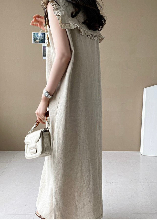 Beige Oversized Ruffled Side Open Linen Maxi Dress Sleeveless Ly1323