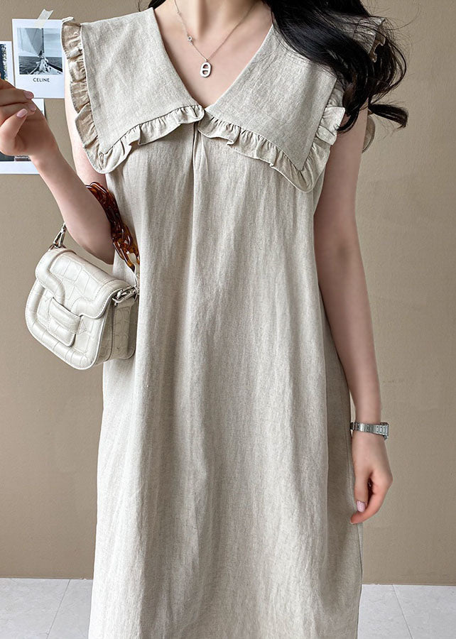 Beige Oversized Ruffled Side Open Linen Maxi Dress Sleeveless Ly1323