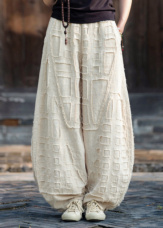 Beige Pockets Patchwork Linen Lantern Pants Fall Ru011