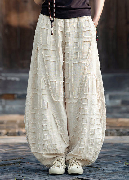 Beige Pockets Patchwork Linen Lantern Pants Fall Ru011