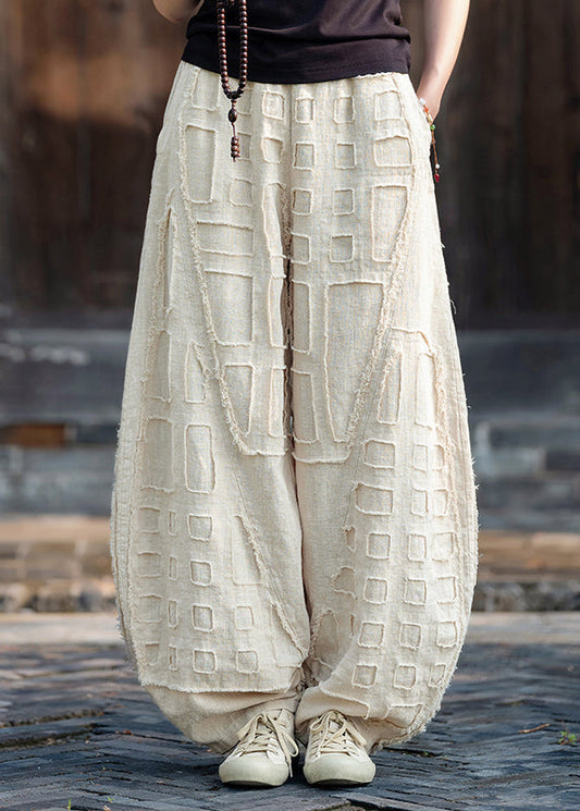 Beige Pockets Patchwork Linen Lantern Pants Fall Ru011
