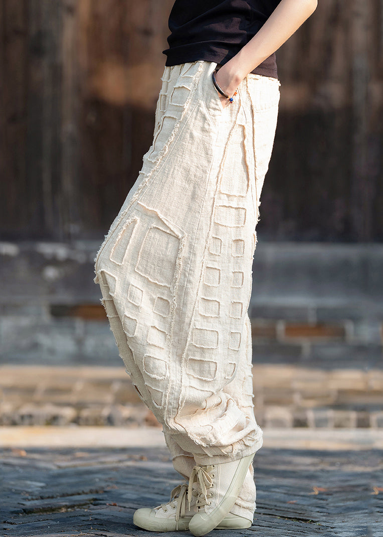 Beige Pockets Patchwork Linen Lantern Pants Fall Ru011