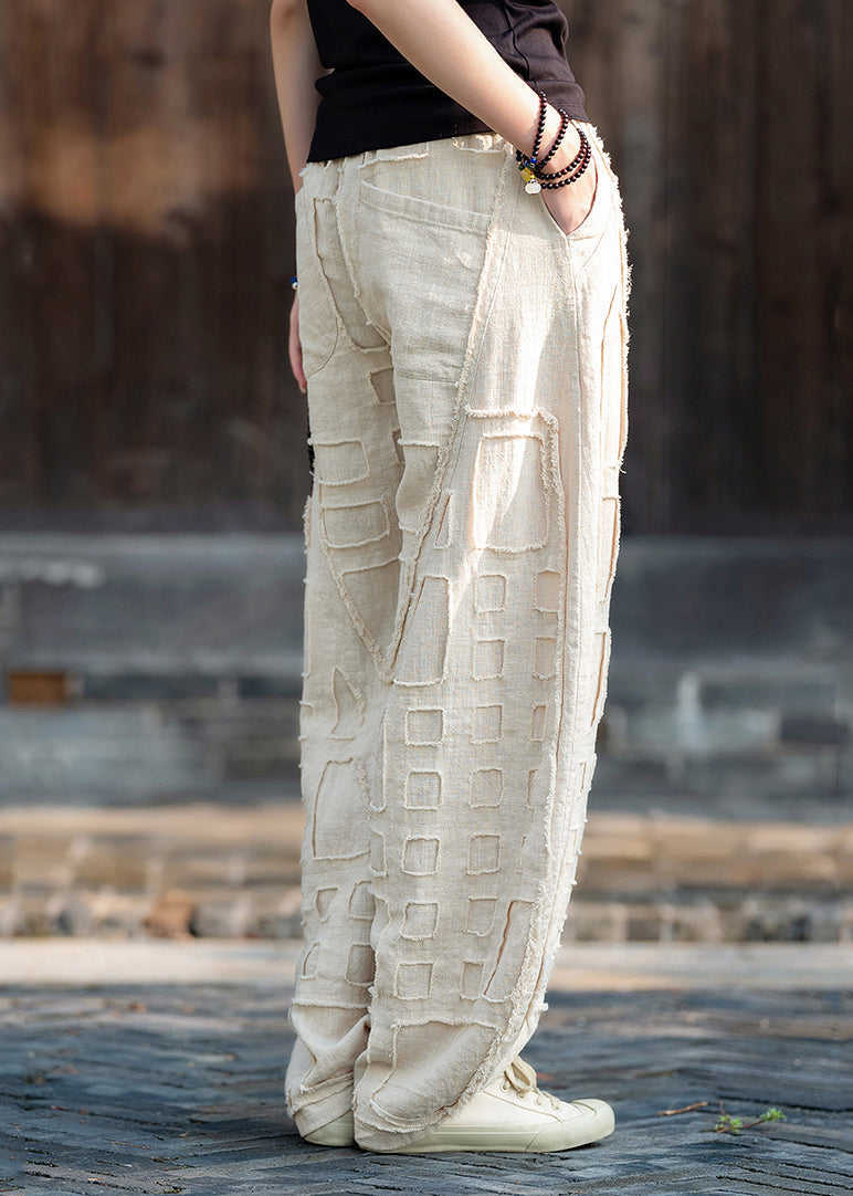 Beige Pockets Patchwork Linen Lantern Pants Fall Ru011
