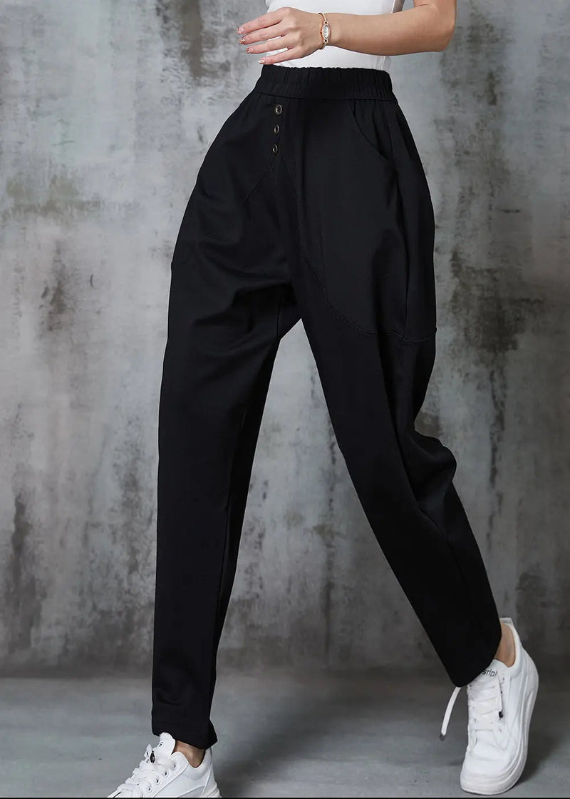 Black Elastic Waist Cotton Harem Pants Spring Jk1013