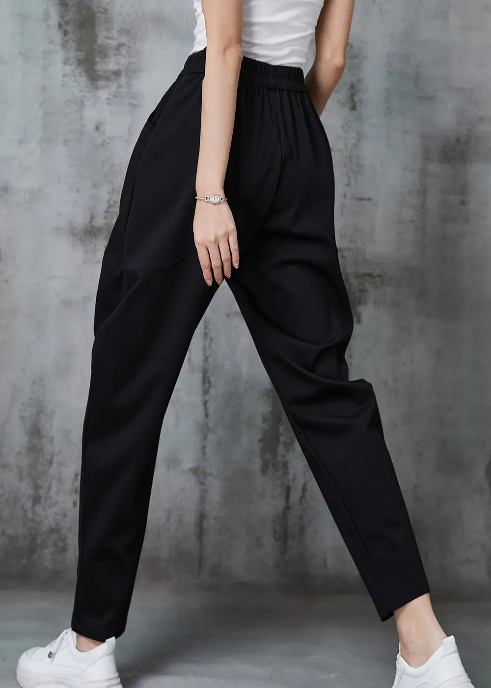 Black Elastic Waist Cotton Harem Pants Spring Jk1013