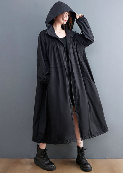 Black Hooded Drawstring Cotton Trench Coat Spring Ac2003