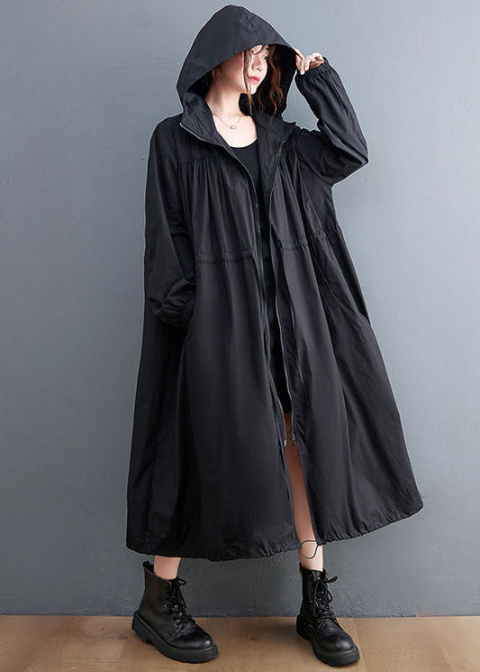 Black Hooded Drawstring Cotton Trench Coat Spring Ac2003