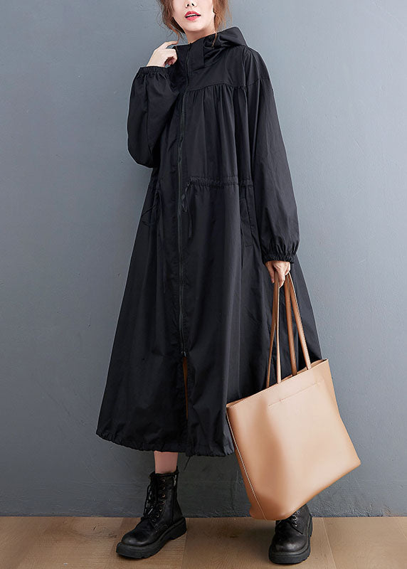Black Hooded Drawstring Cotton Trench Coat Spring Ac2003