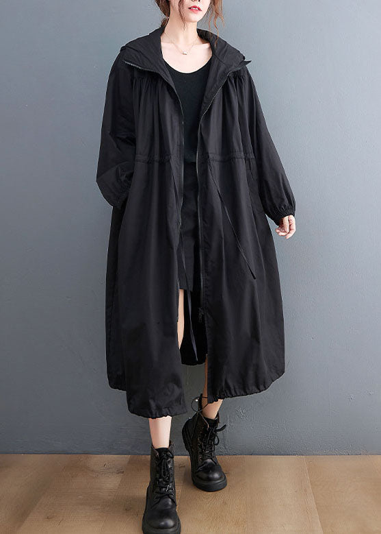 Black Hooded Drawstring Cotton Trench Coat Spring Ac2003