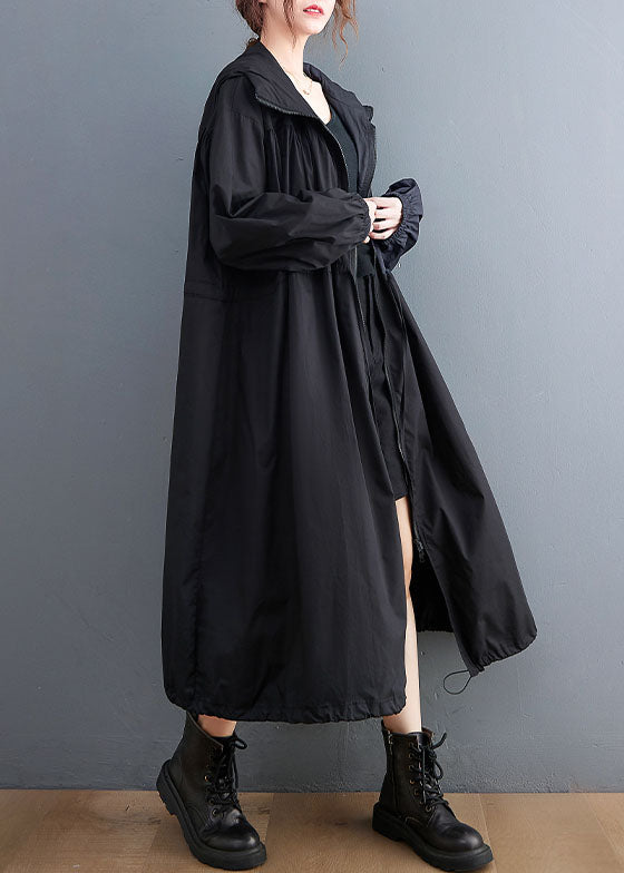Black Hooded Drawstring Cotton Trench Coat Spring Ac2003
