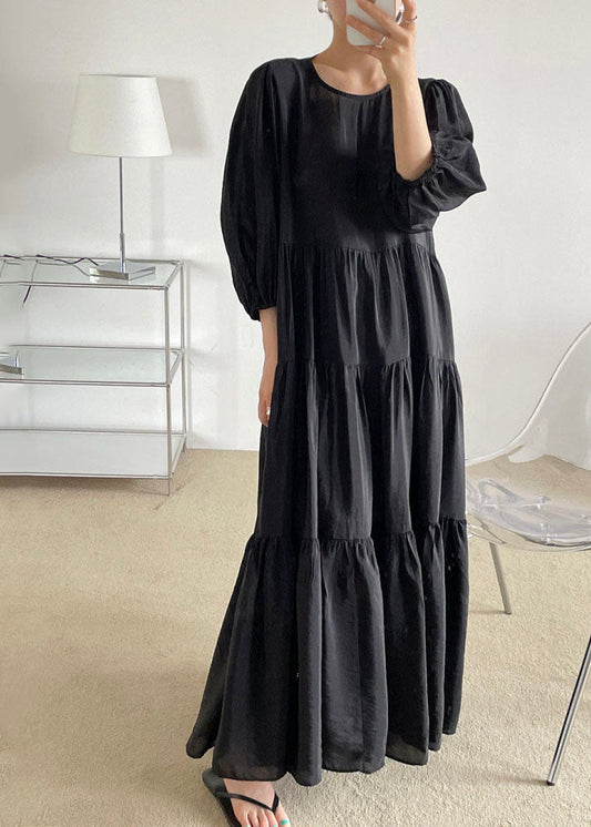 Black O-neck Patchwork Backless Cotton Maxi Dress Bracelet Sleeve Ly1327