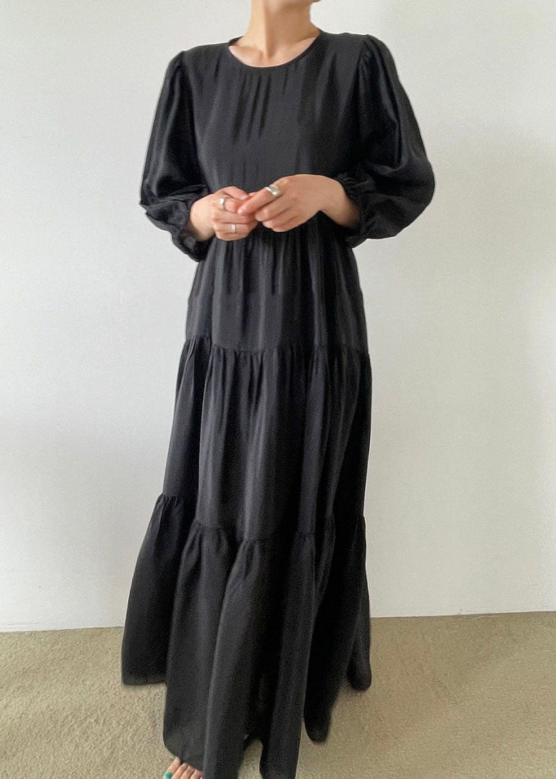 Black O-neck Patchwork Backless Cotton Maxi Dress Bracelet Sleeve Ly1327