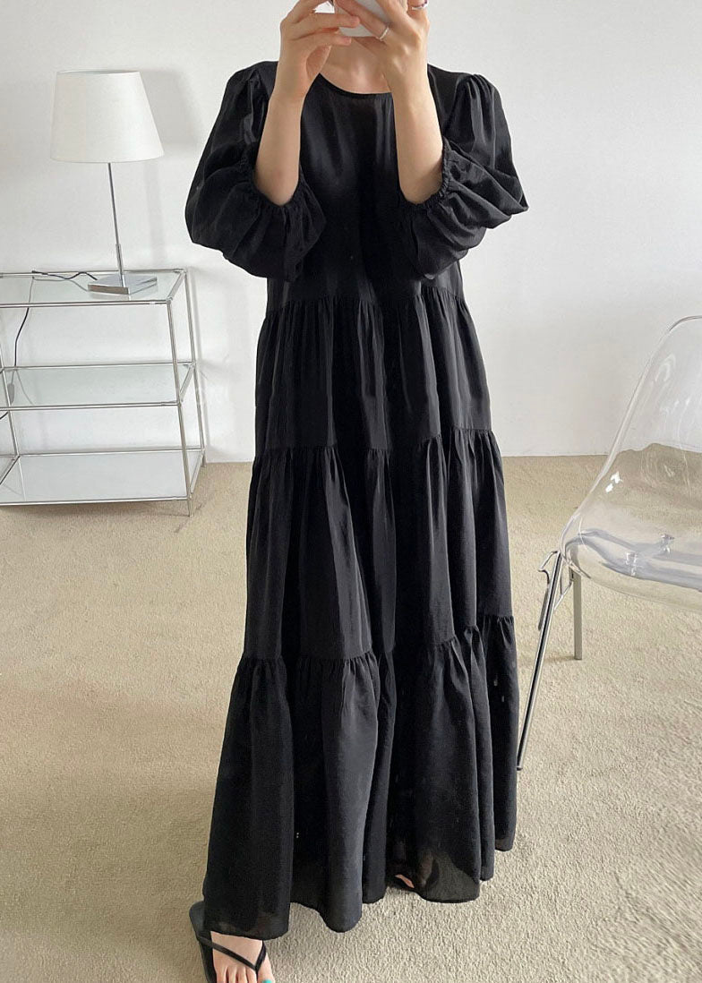 Black O-neck Patchwork Backless Cotton Maxi Dress Bracelet Sleeve Ly1327