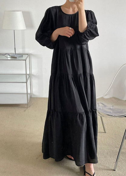 Black O-neck Patchwork Backless Cotton Maxi Dress Bracelet Sleeve Ly1327