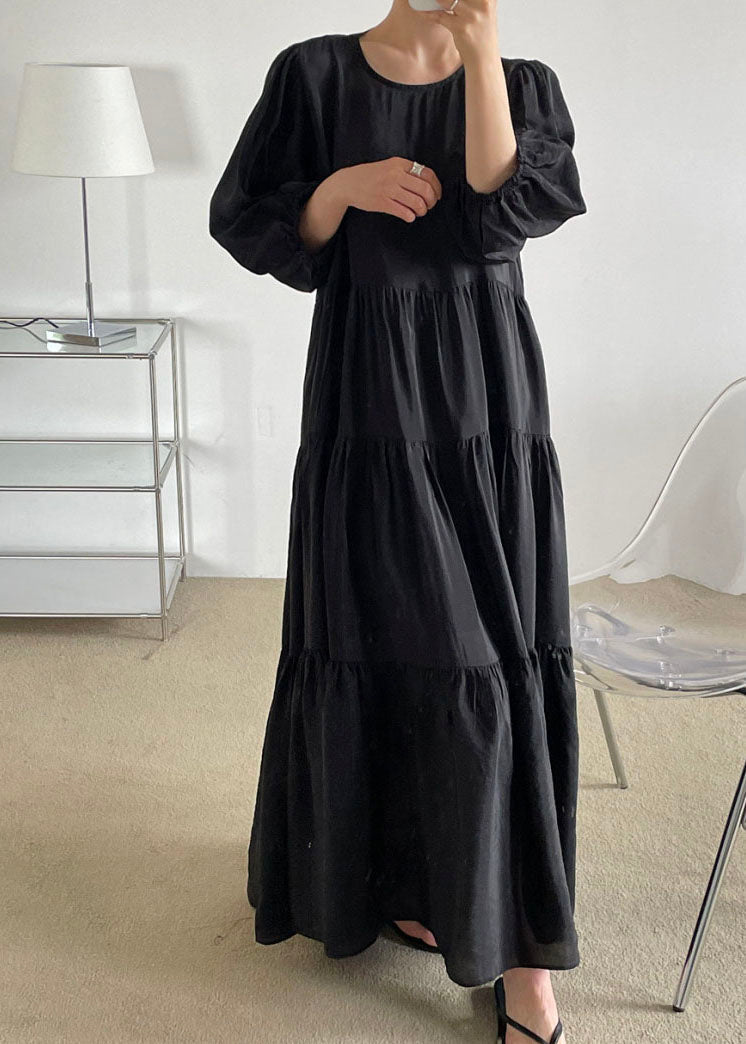 Black O-neck Patchwork Backless Cotton Maxi Dress Bracelet Sleeve Ly1327