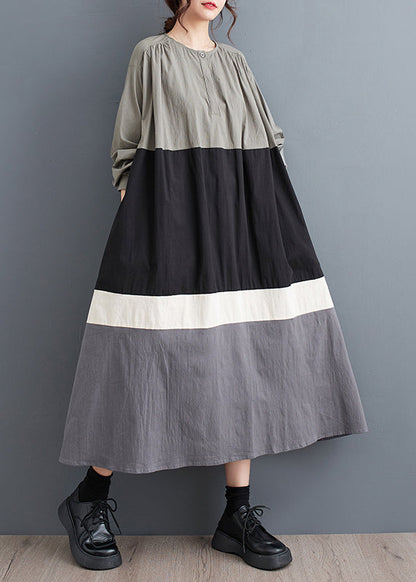 Black O Neck Patchwork Cotton Long Dress Fall Qa056